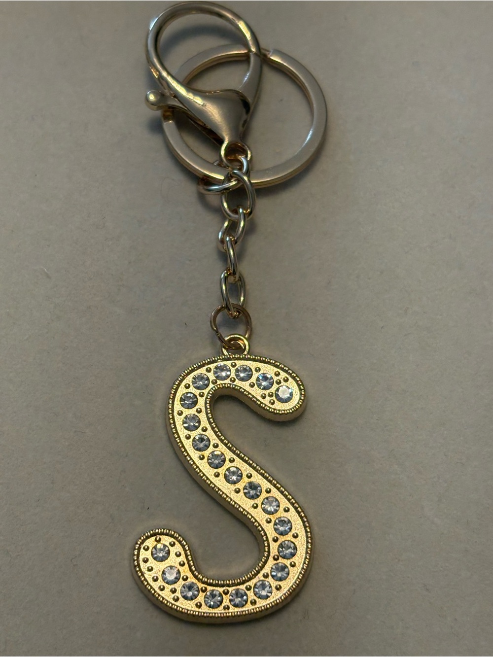 Gold S Letter Keychain with Clear Rhinestones